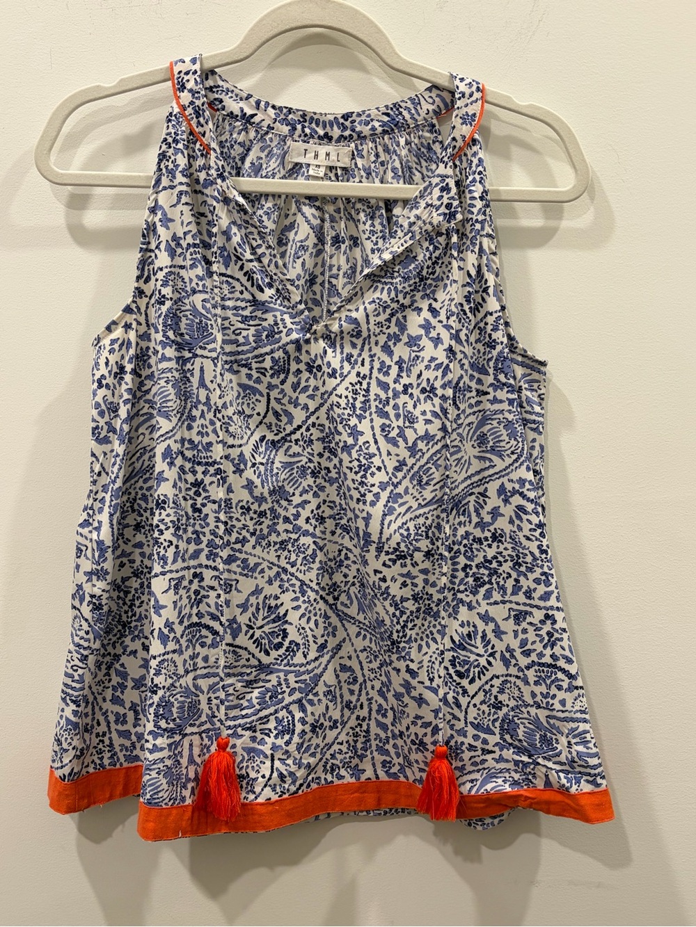 THML Blue & White Paisley Tank with Orange Tassel Hem
